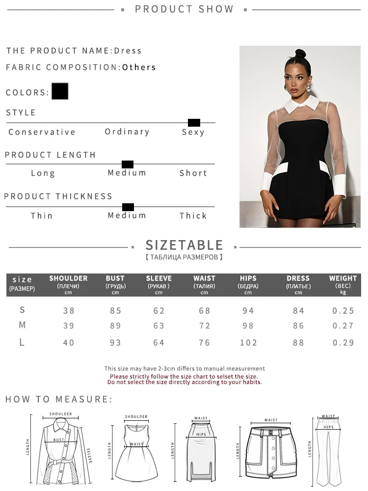 Fashion Mesh Patchwork Dress Women Sexy Color Blocking Trend Turn Down Collar Full Sleeve Elegant Party Club Bodycon