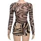 2 Pieces Set Crew Neck Long Sleeve Print Mesh Top and Frilly Shorts Sexy Nightclub Outfits Woman Fall 2025