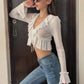 Ruffled Patchwork T-Shirt Women Autumn Simple See Through Bell Sleeve Bandages Fashion Trend Street Party Crop Tess