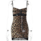Glitter Sequin Leopard Print Sexy Mini Dress Women Lace Spaghetti Strap Sleeveless Backless Slinky Club Party Dress