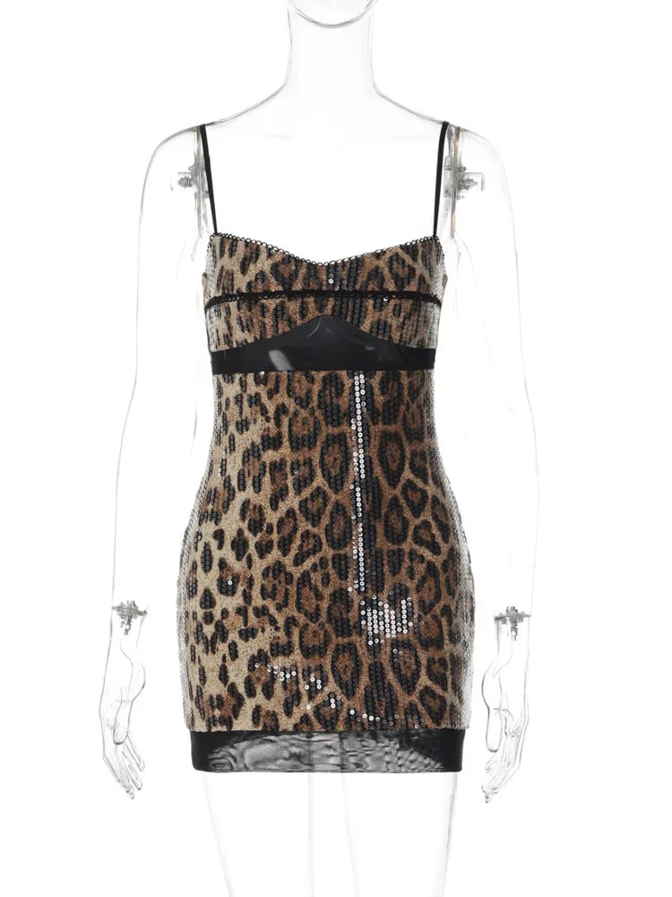 Glitter Sequin Leopard Print Sexy Mini Dress Women Lace Spaghetti Strap Sleeveless Backless Slinky Club Party Dress