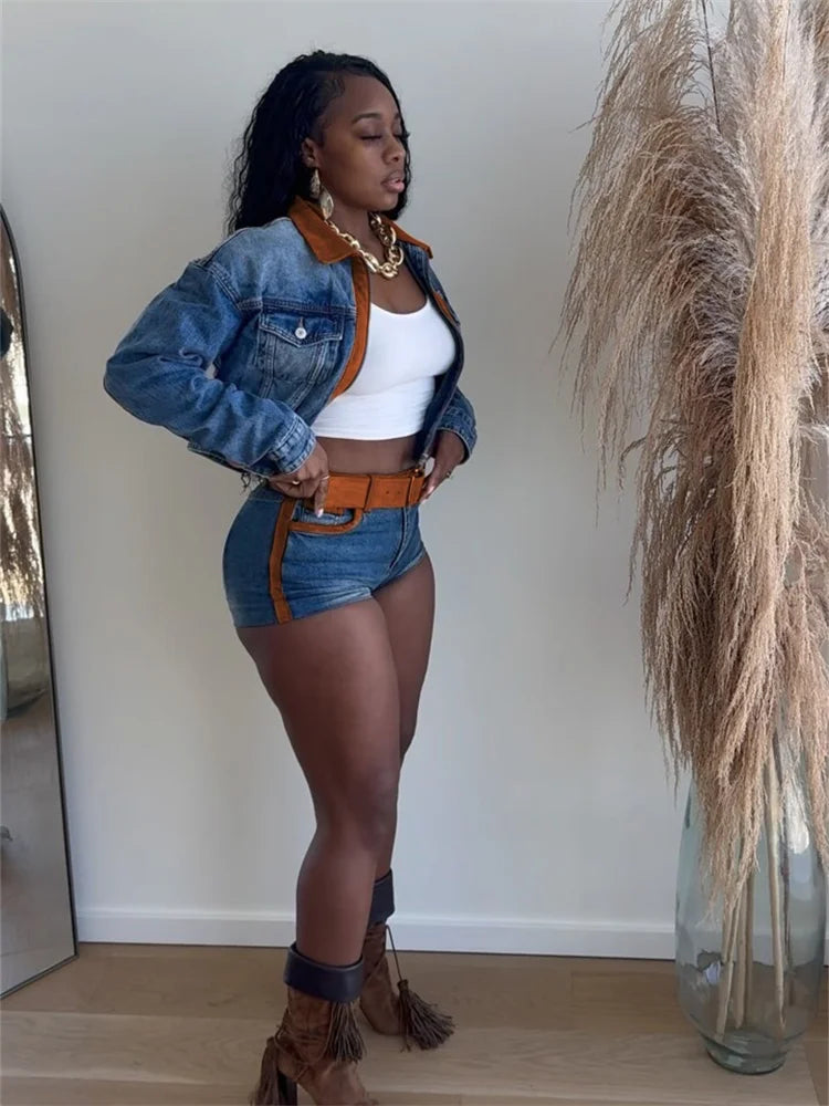 Denim Hipster 2piece Set Woman Pocket Zip Polo-Neck Crop Jacket+Skinny Shorts Street Vintage Casual Matching Outfits