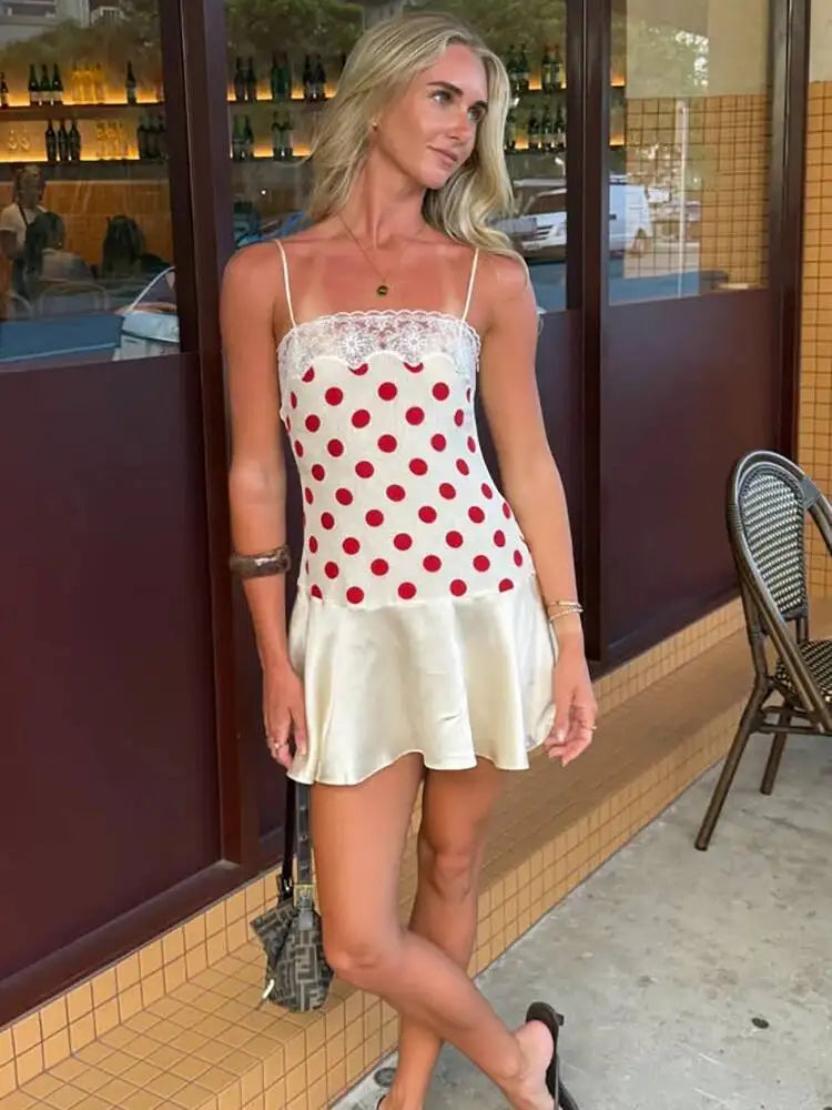 Red Polka Dot Sexy Mini Dress Women Summer Lace Satin Spaghetti Strap Sleeveless Backless Slim Fit Beach Club Dress