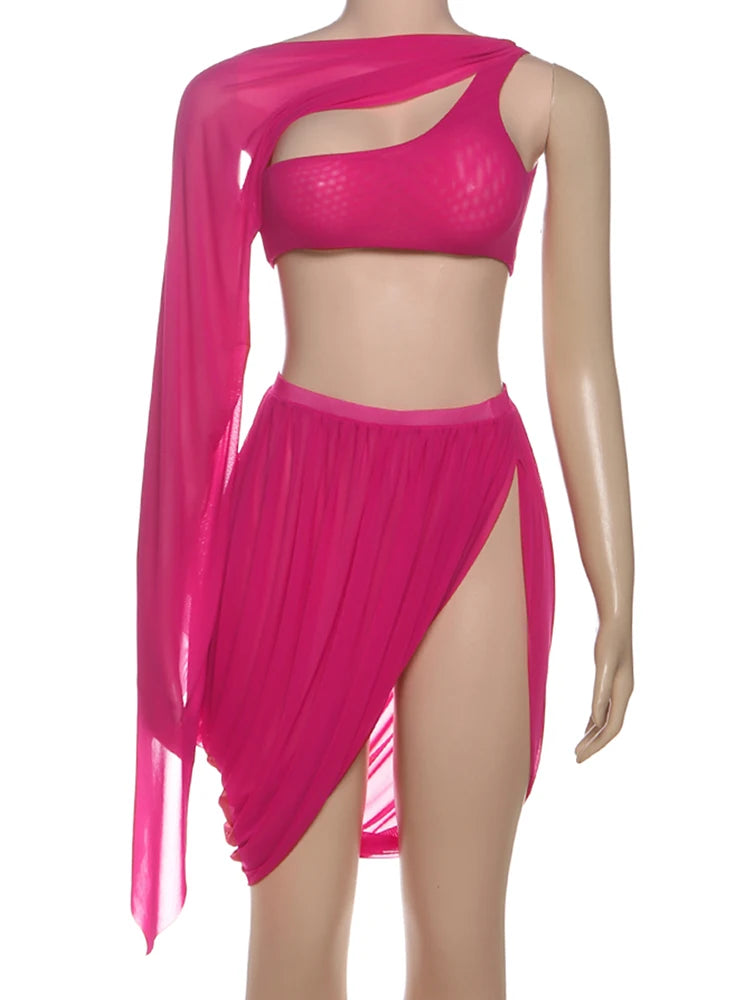 Y2K Sexy 2 Piece Set Women See Through Midnight Irregular Full Sleeve Crop Tops+Ruched Split Skirts Matching Clubwear