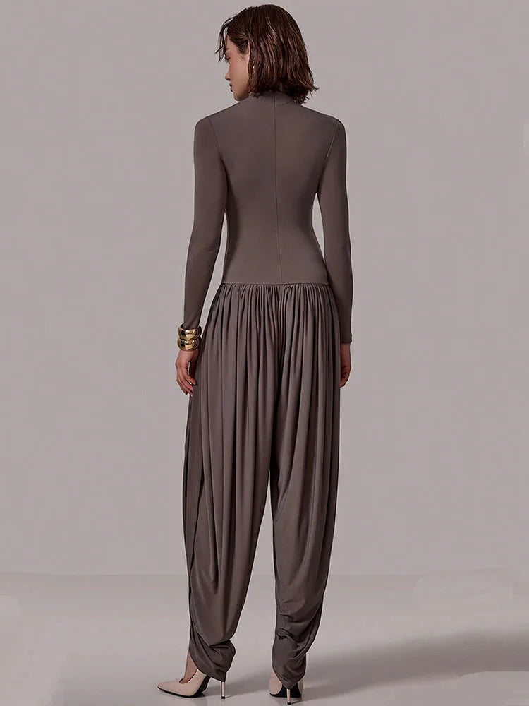 Long Sleeve Draped Sexy Jumpsuit Women Overalls Autumn Winter New Patchwork Solid Turtleneck High Waist Slim Jumpsuis