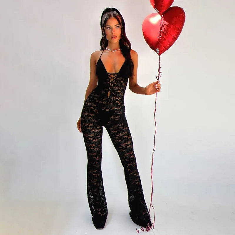 See Through Black Lace Jumpsuit Women Sexy Clubwear Outfits Halter Backless Flare Jumpsuits Summer Clothes