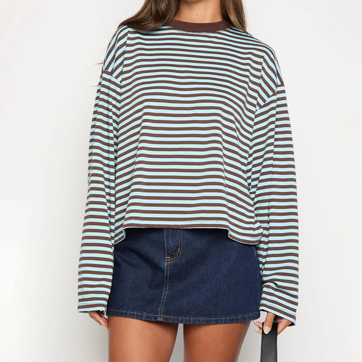 Round Neck Print Striped Pullover Women T-shirt Long Sleeve Casual Y2k T-shirt Femme Autumn Loose Elegant Streetwear