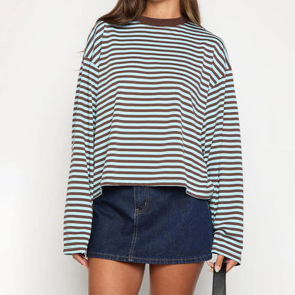 Round Neck Print Striped Pullover Women T-shirt Long Sleeve Casual Y2k T-shirt Femme Autumn Loose Elegant Streetwear