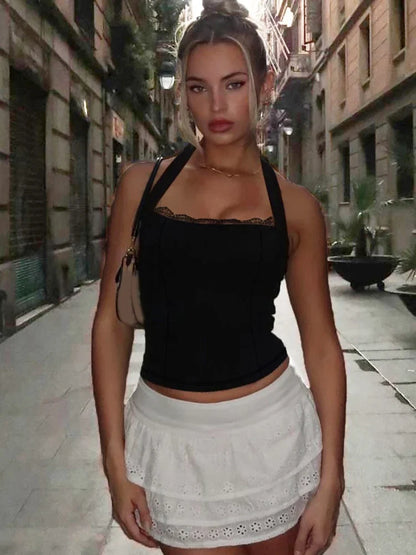 Tank Tops Womens Summer Clothes 2025 Fashion Sexy Lace Trim Square Neck Halter Crop Top Black