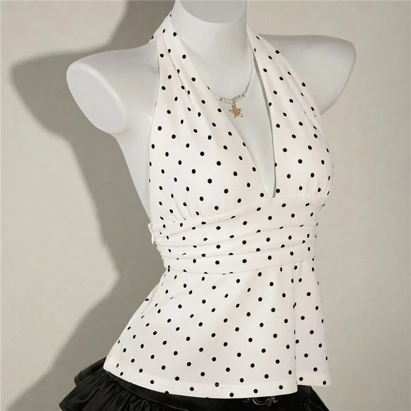 Ladies Vintage Polka Dot Halter Neck Top Deep V Tie Back Sleeveless Ruched Waist Peplum Tank Top For Y2K Streetwear