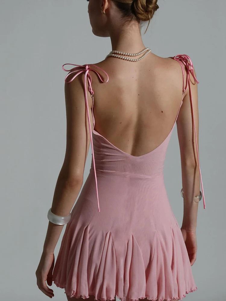 Lace Patchwork Dress Women Backless Bow Lace-Up Sleeveless Thinny Pleated Solid Midnight Clubwear Party Mini Bodycon