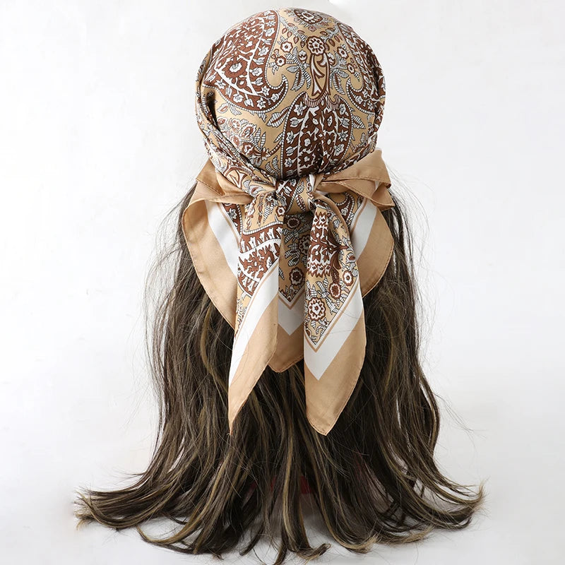 Bohemian Style Floral Print Women’s Square Silk Scarf Satin Head Wrap Tropical Leaf Flower Design Scarves Bandana Hijab