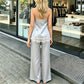 Women's 2 Pieces Summer Outfit Solid Color Strapless Sleeveless Lace Trim Patchwork Tube Tops and Wide Leg Pants Set
