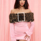 Leopard Furry Patchwork Mini Dress Woman Fake Diamonds Decoration Slash Neck Full Sleeve Backless Fashion Bodycon