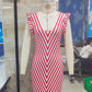 Womens Striped Midi Bodycon Dress Deep V Neck Ruffle Sleeve Red White Chevron Print Slim Fit Side Split Party Dress