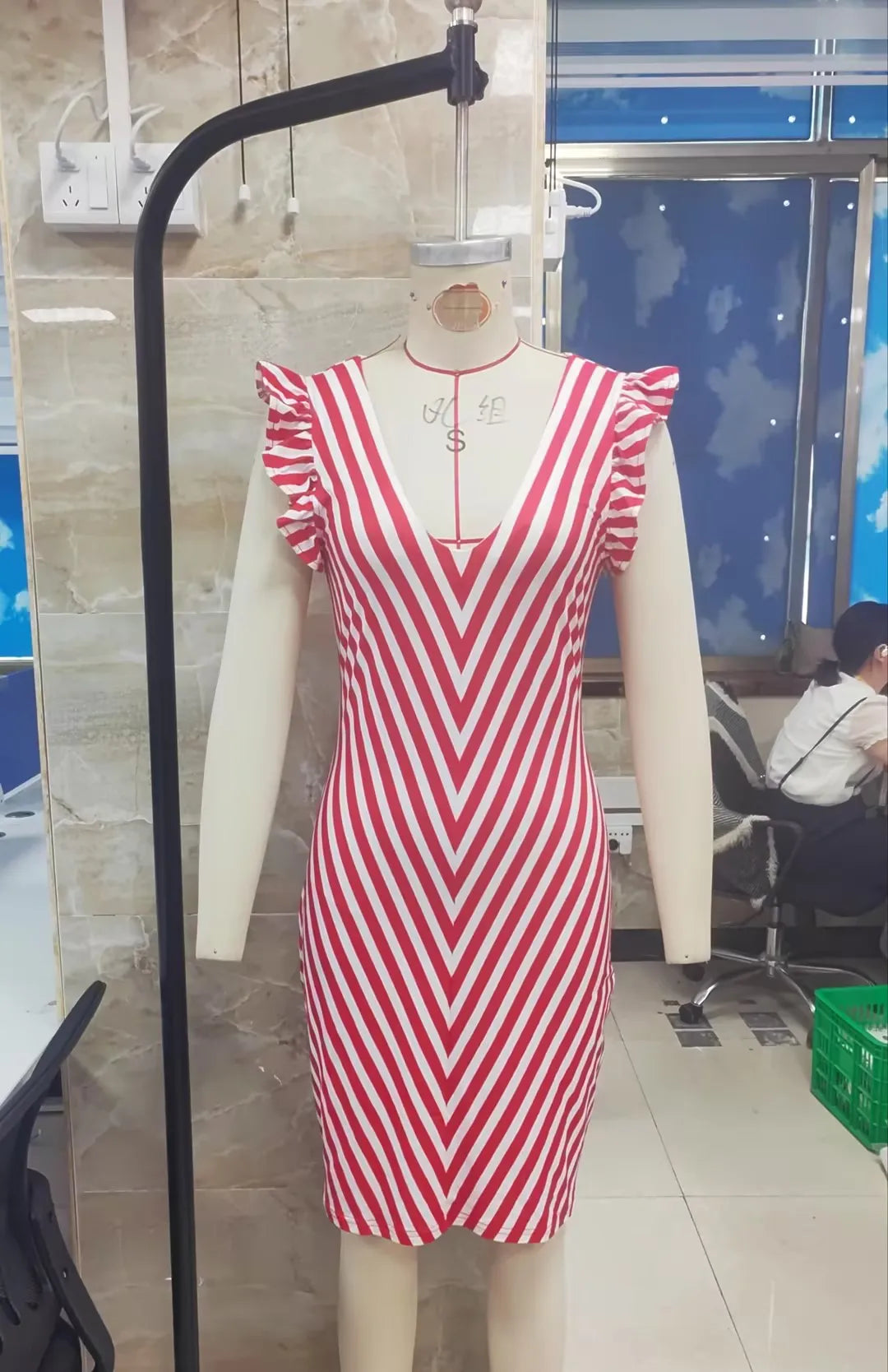 Womens Striped Midi Bodycon Dress Deep V Neck Ruffle Sleeve Red White Chevron Print Slim Fit Side Split Party Dress