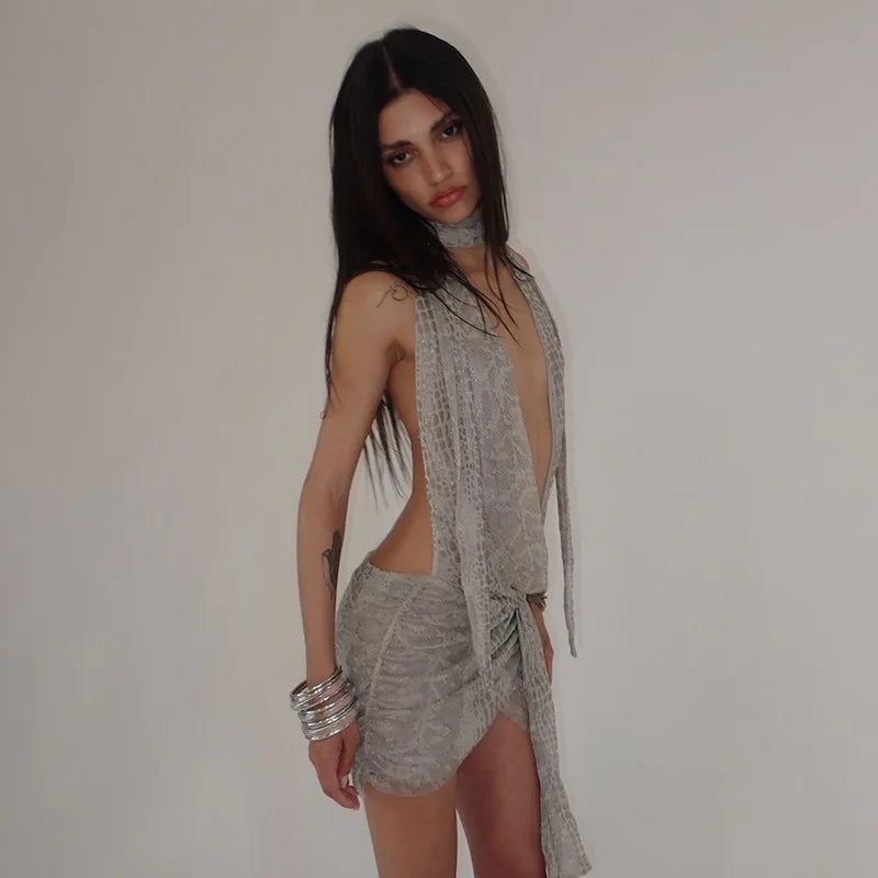 Snake Print Mesh Sexy Summer Dresses Women 2024 Beach Vacation Asymmetric Halter Backless Mini Dress Clubwear