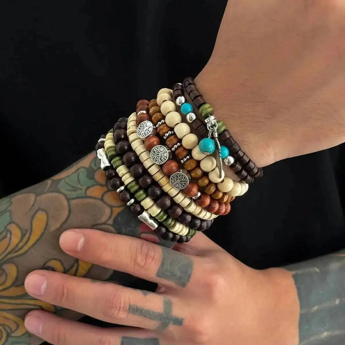9Pcs/Set Ethnic Feather Tree of Life Pendant Bracelet for Men on Hand Elastic Wooden Beaded Bangles Couple Jewelry Gift