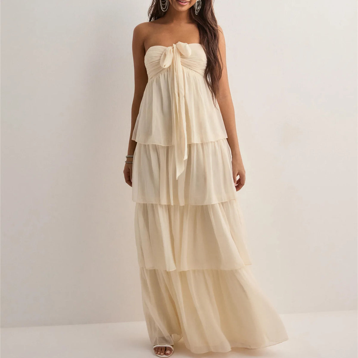 Women's Strapless Long Dress Fashion Sleeveless Tiered Hem Tube Dress Summer Beach Holiday Party Wedding Dress