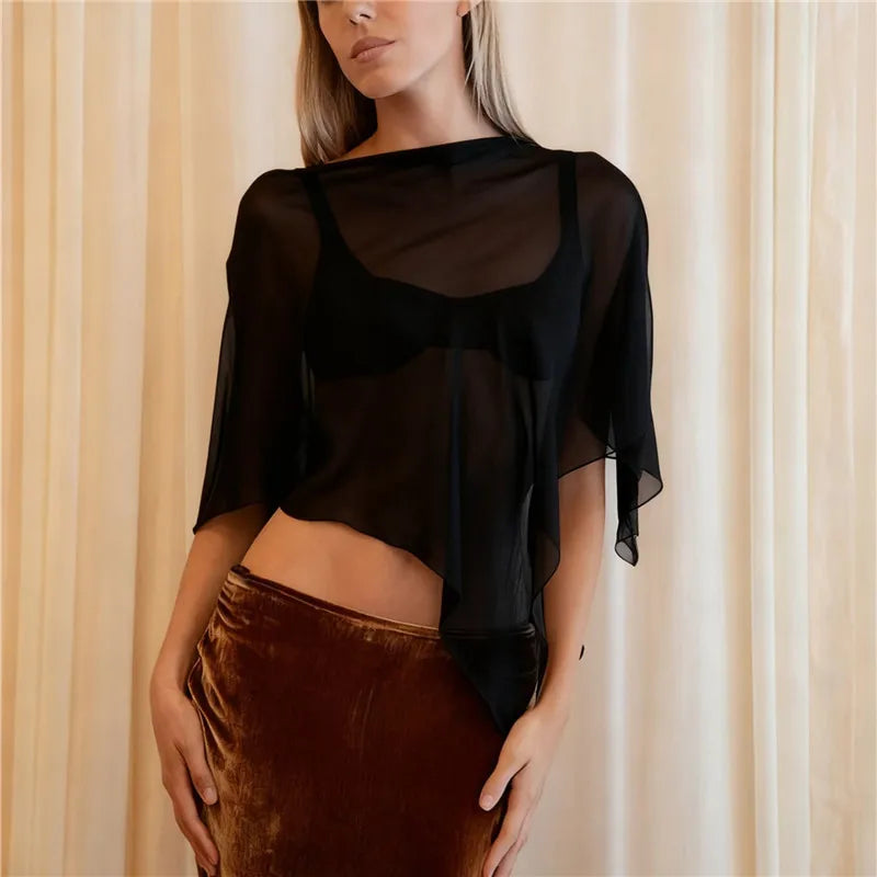 Sheer Poncho Top for Women Asymmetrical Mesh Shawl Wraps See Through Chiffon Capelet Evening Dress Wedding Cover Up