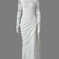 Women High Neck Long Sleeve Lace Maxi Dress Draped Sash Bodycon Mermaid Evening Party Gown Formal Wedding Guest Dress