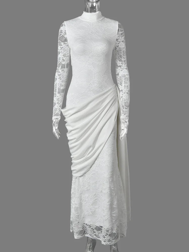 Women High Neck Long Sleeve Lace Maxi Dress Draped Sash Bodycon Mermaid Evening Party Gown Formal Wedding Guest Dress