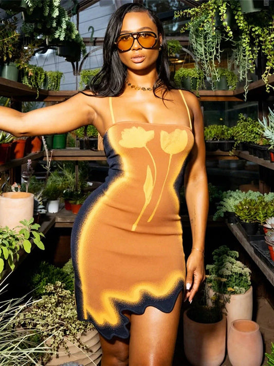 Y2K Irregular Hem Dress Women Chic Tulip Print Sleeveless Beach Vacation Midnight Party Clubwear Skinny Tight Bodycon