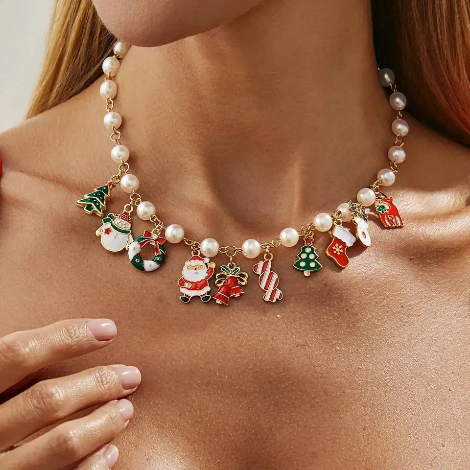 Christmas Imitation Pearls Snowman Tree Elk Pendant Choker Necklace for Women Trendy Metal Chain Jewelry Accessory