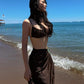 Beach Party 2-Piece Set Women Low-Neck Backless Bra+Metal Decoration High Side Slit Folds Skirt Sexy Summer Suit