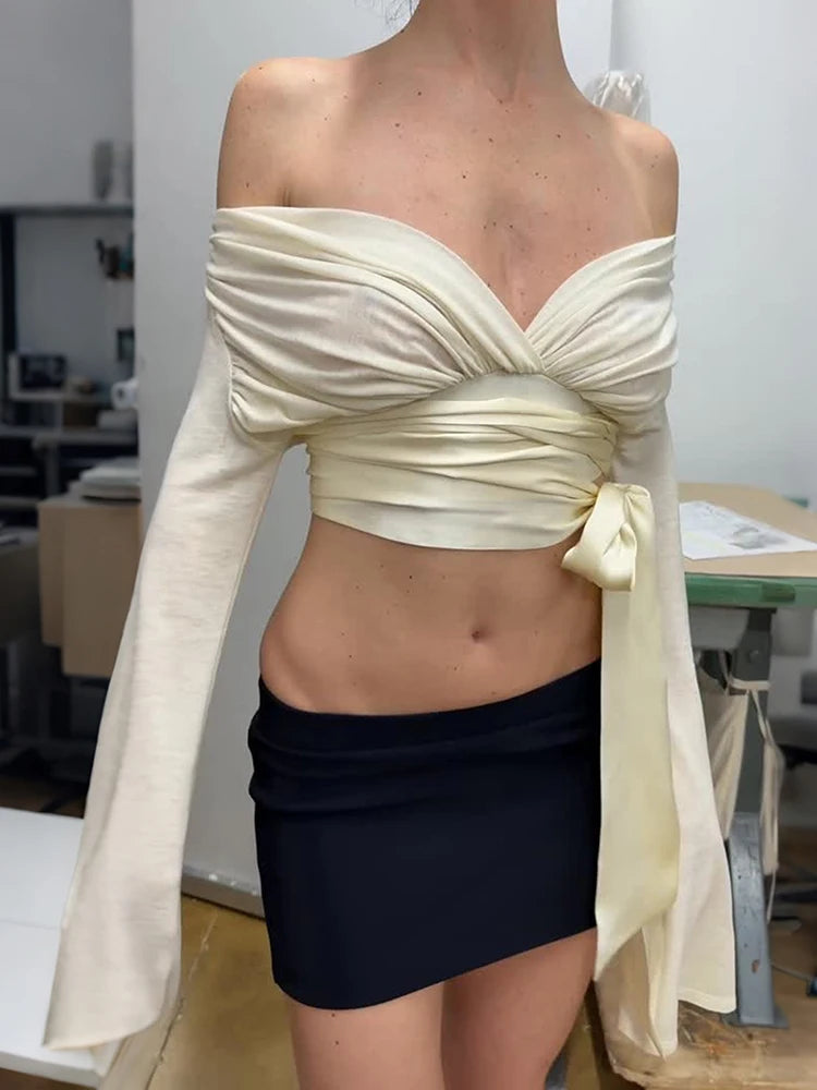 v-Neck t-Shirt Women Bandage Tassel Full Flare Sleeve Solid Off-Shoulder Sexy Elasticity Midnight Party Streetwear