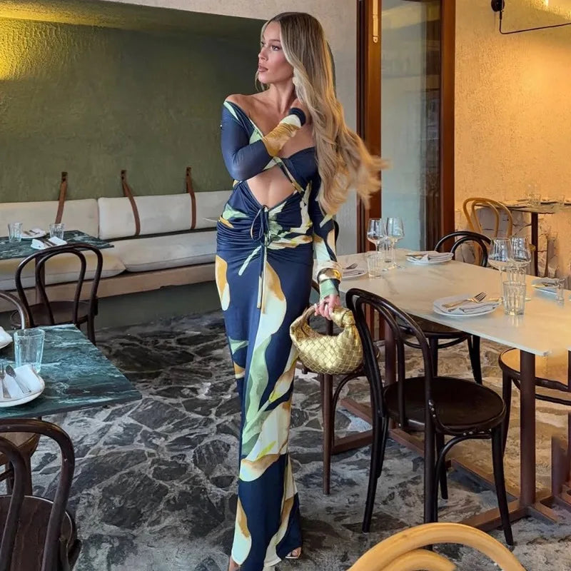 Floral Print Off Shoulder V Neck Hollow Maxi Dress with Long Sleeve Elegant Woman Clothing Fall 2026