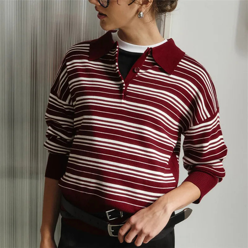 Striped Sweater Women Long Sleeve Button Front Pullover Casual Crew Neck Tops Pullover Sweatshirt Fall Winter Outwear