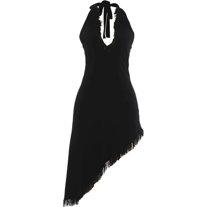 Elegant Sexy Tassel Patchwork Dress Women Fashion Halter Bandages Irregular Hem Deep V-Neck Simple Party Club Bodycon