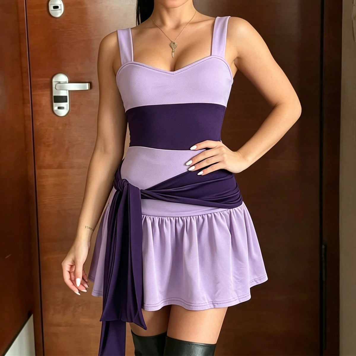 Summer Color Block Mini Dress Women Wide Strap Sweetheart Neck Side Sash Tie Fake Two Piece Skort Dress Beach Vacation