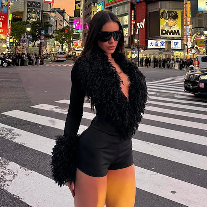 Faux-fur Collar Deep V Neck Long Sleeve Bodysuits & One Pieces Bodycon Top Women' S Clothing Winter 2026