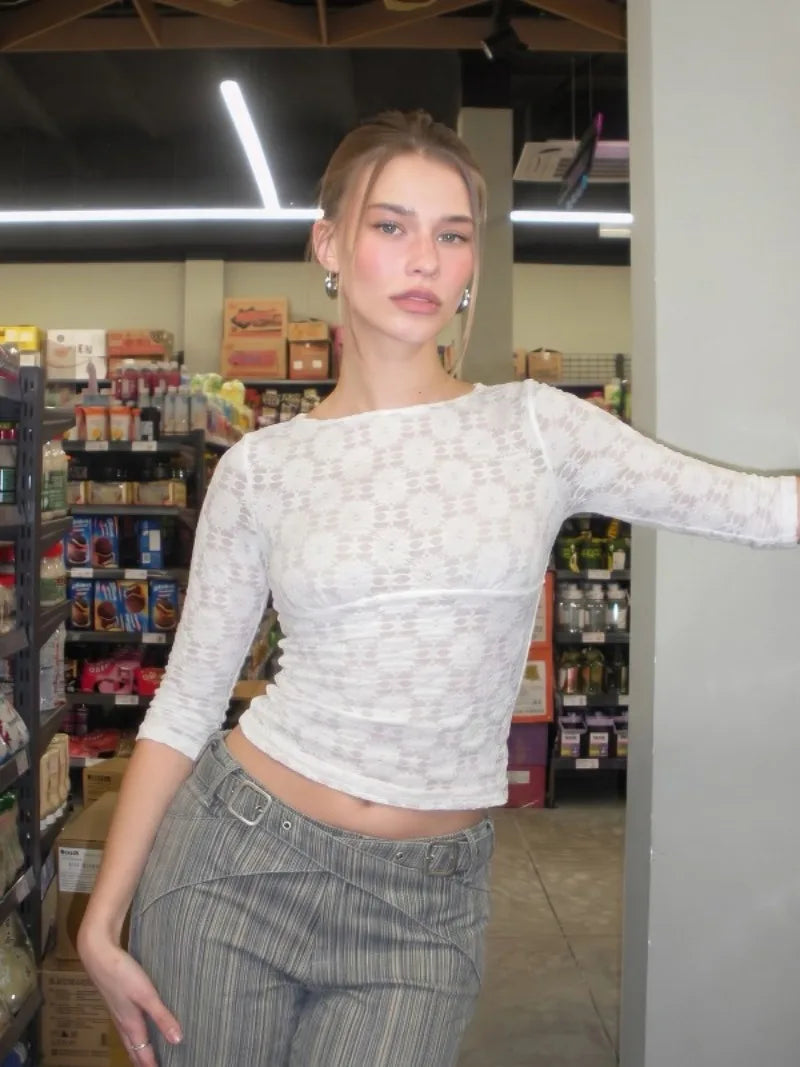 Textured 3/4 Sleeve Top White Floral Lace Crew Neck Fitted Shirts Elegant Women Clothes Autumn 2026