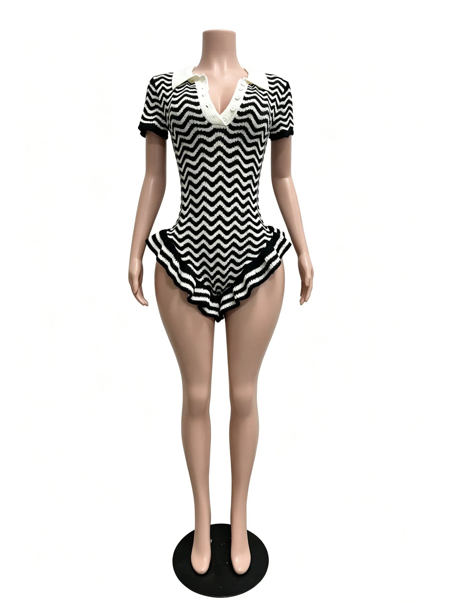 Ruffled Edge Knit Romper Women Sexy Single-Breasted Turn Down Collar Short Sleeve Fashion Trend Party Street Playsuit