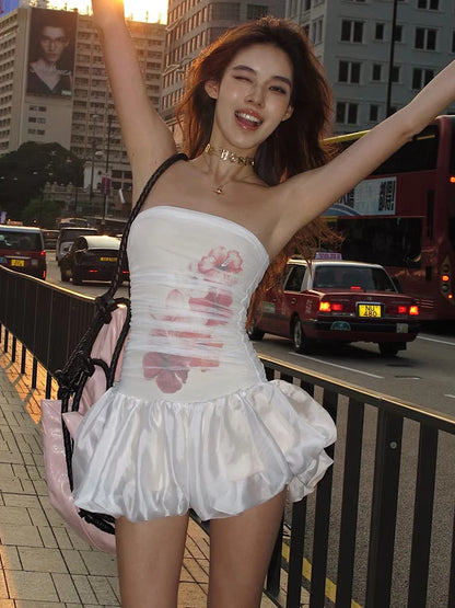Flower Print Dress  Patchwork Puffy Hem Sleeveless Folds Street Midnight Summer Trend Sweet Chic Strapless Bodycon