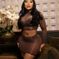 See Through 2-Piece Set Women o-Neck Full Sleeve Crop Tops+Elastic Waist Simple Skirt Slim Sexy Midnight Hottie Suit