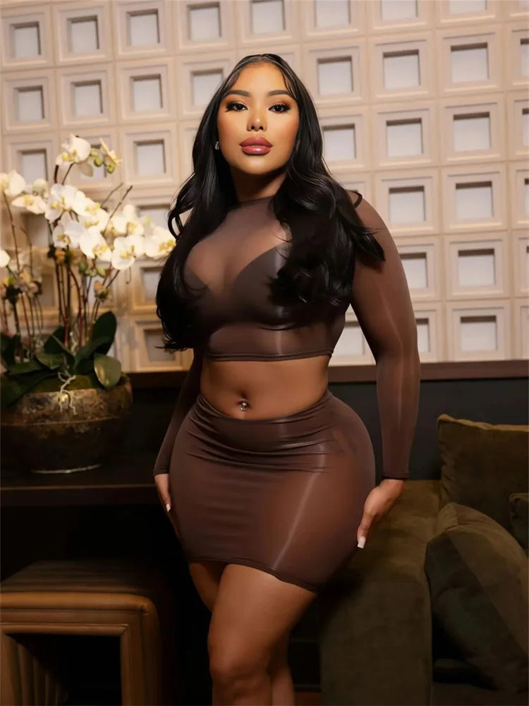 See Through 2-Piece Set Women o-Neck Full Sleeve Crop Tops+Elastic Waist Simple Skirt Slim Sexy Midnight Hottie Suit