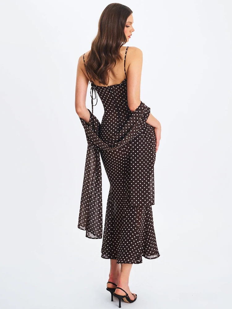 Polka Dot Backless Sexy Maxi Dress Women Elegant Sweetheart Neck Spaghetti Strap Sleeveless Bodycon Club Party Dresses
