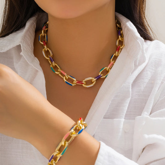 2Pcs Punk Hip Hop Heavy Metal Necklace Bracelet for Women Exaggerated Gold Color Thick Chain Jewelry Set Party Neck Accessories