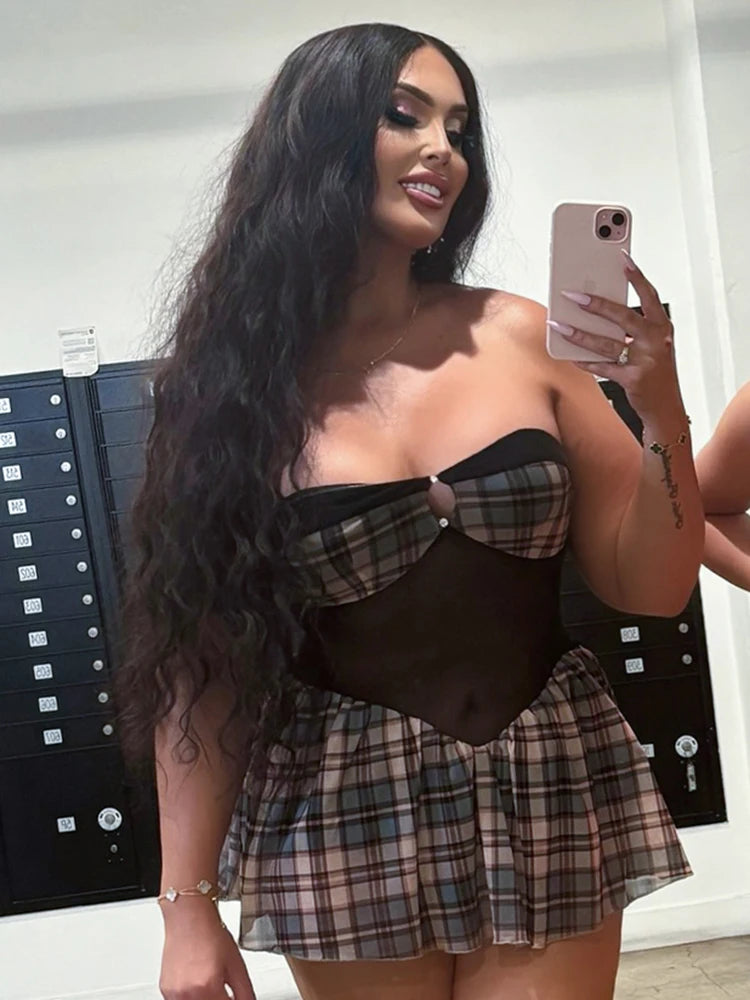 Mesh Patchwork Strapless Dress Women Plaid Print Off Shoulder Backless Hottie Street Fashion Wild Style Mini Bodycon