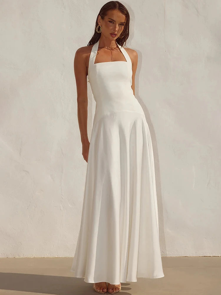 White Halter Backless Sexy Maxi Dress Women Elegant Square Collar Sleeveless Bodycon Club Party Long Dresses Female