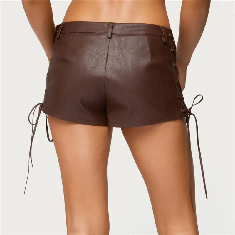 American Retro Motorcycle Style Faux Leather Low Rise Shorts Lace-Up Side Detail Mini Hot Pants Gothic Punk Streetwear