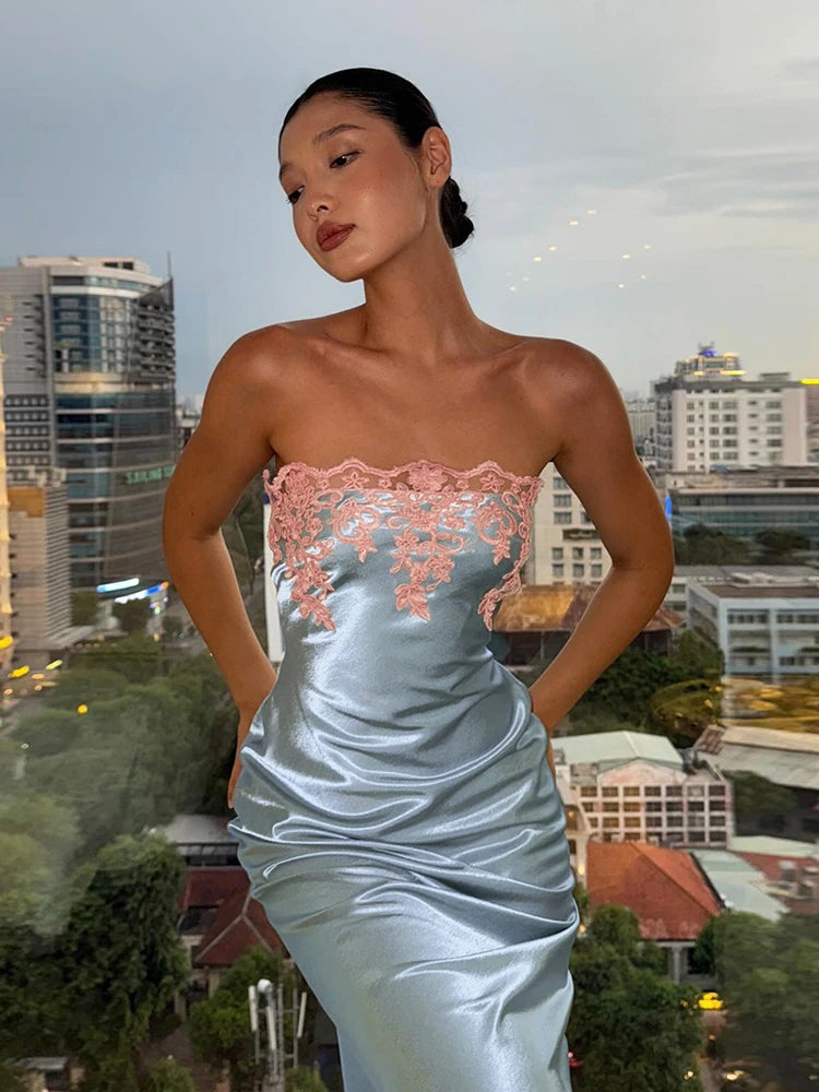 Patchwork Lace Flower Maxi Dress Women Chest Wrap Sleeveless Skinny Summer Fashion Chic Elegant Beach Party Vacation