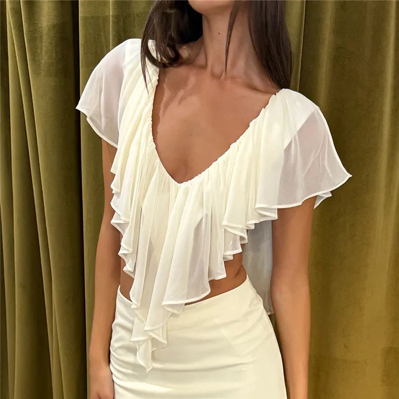 French Coquette Ruffle Blouse V Neck Open Back Flowy Short Sleeve Top with Tiered Layers Date Night Party Summer Outfits