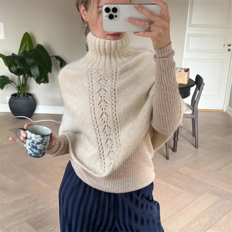 Women High Turtleneck Knitted Poncho Hollow Out Lace Tassel Fringe Cape Vintage Loose Knit Shawl Fall Winter Cover Up