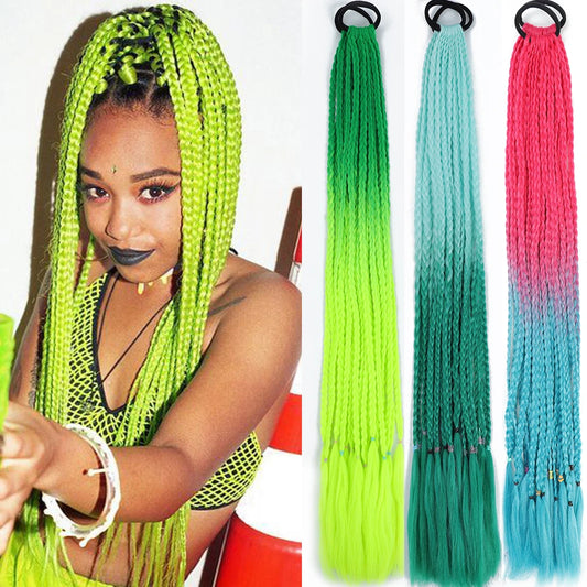 Synthetic Colored Gradient Box Braided Ponytail For Girls With Elastic Hair Rubber Band Hair Accessories Wig Headband Hairpiece