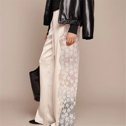 Women's Satin Wide Leg Trousers Lace Patchwork High Waisted Drawstring Lounge Pants Elegant Loose Fit Bottoms